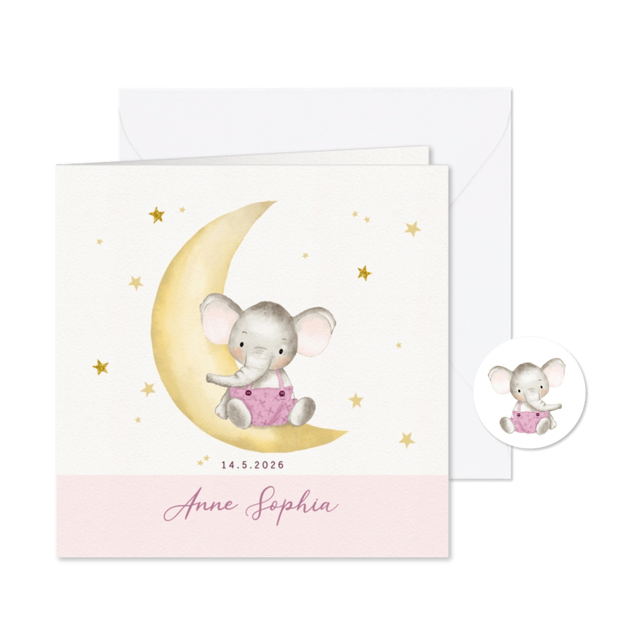 Geboortekaart olifantje op maan met sterren-meisje - Kaartimpressie