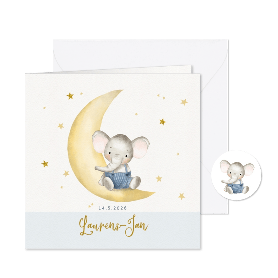 Geboortekaart olifantje op maantje met sterren-jongen - Kaartimpressie