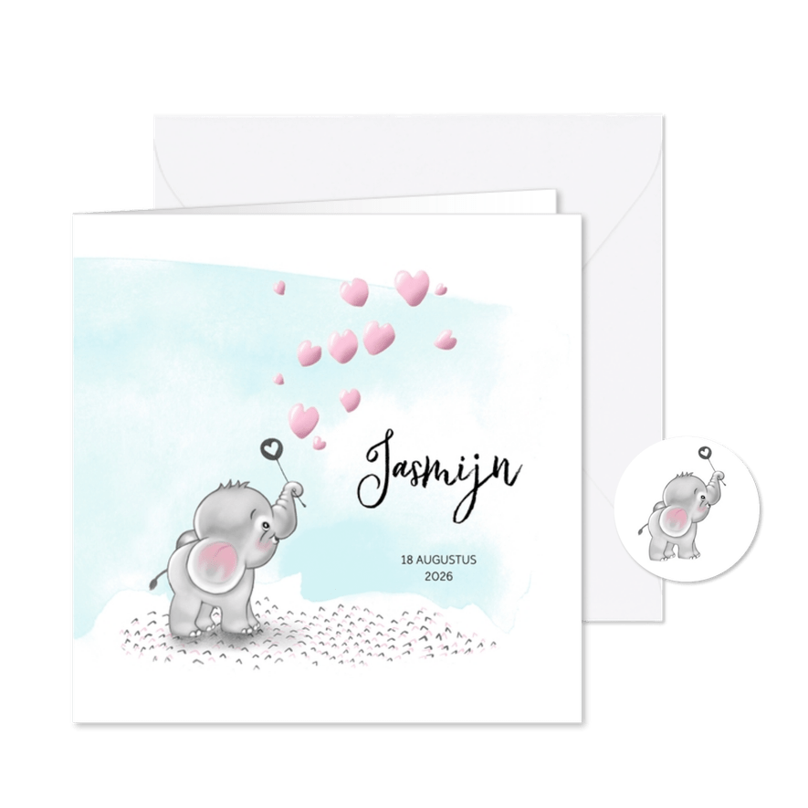 Geboortekaart olifantje roze bellenblaas - Kaartimpressie