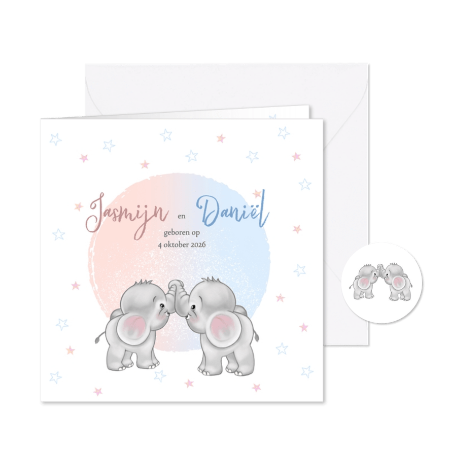 Geboortekaart olifantjes jongen en meisje tweeling - Kaartimpressie