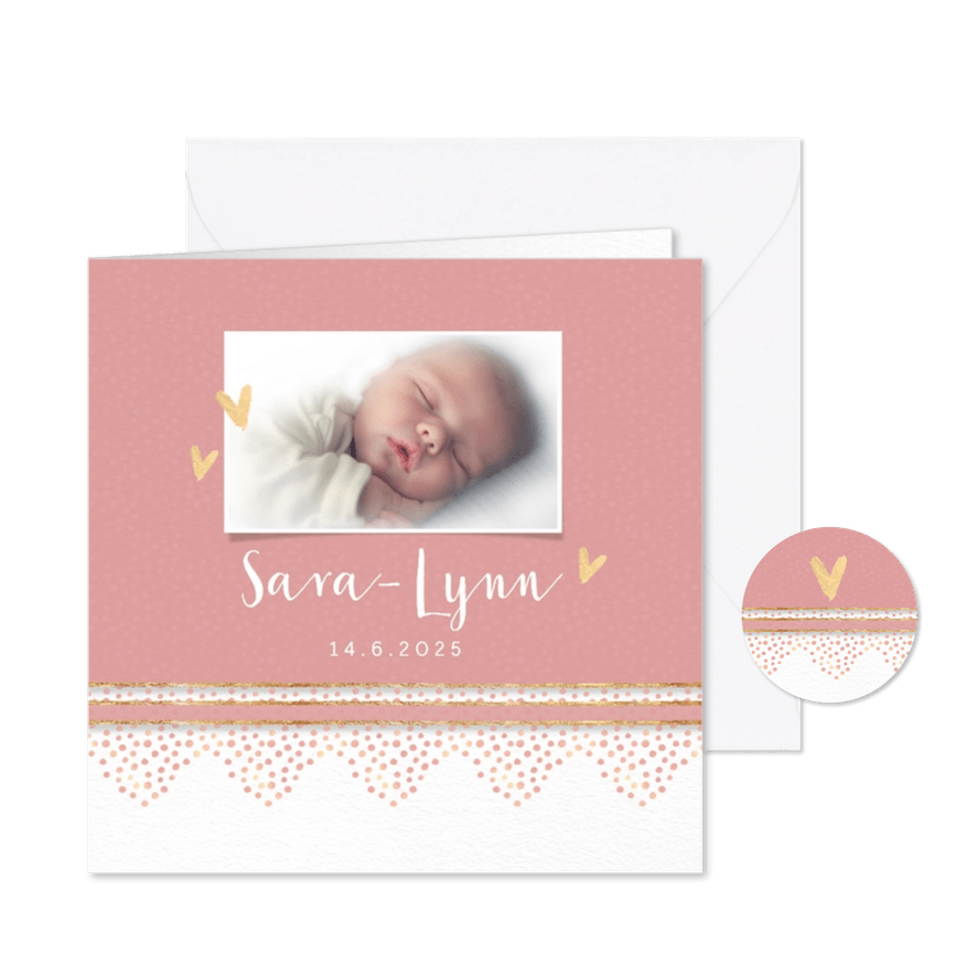 Geboortekaart roze met rand dierenprint - Kaartimpressie