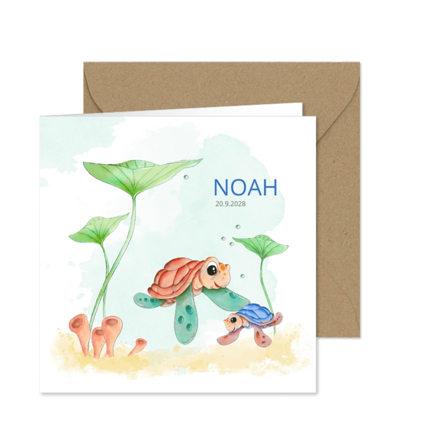 Geboortekaart schildpad groot en klein met waterplanten - Kaartimpressie