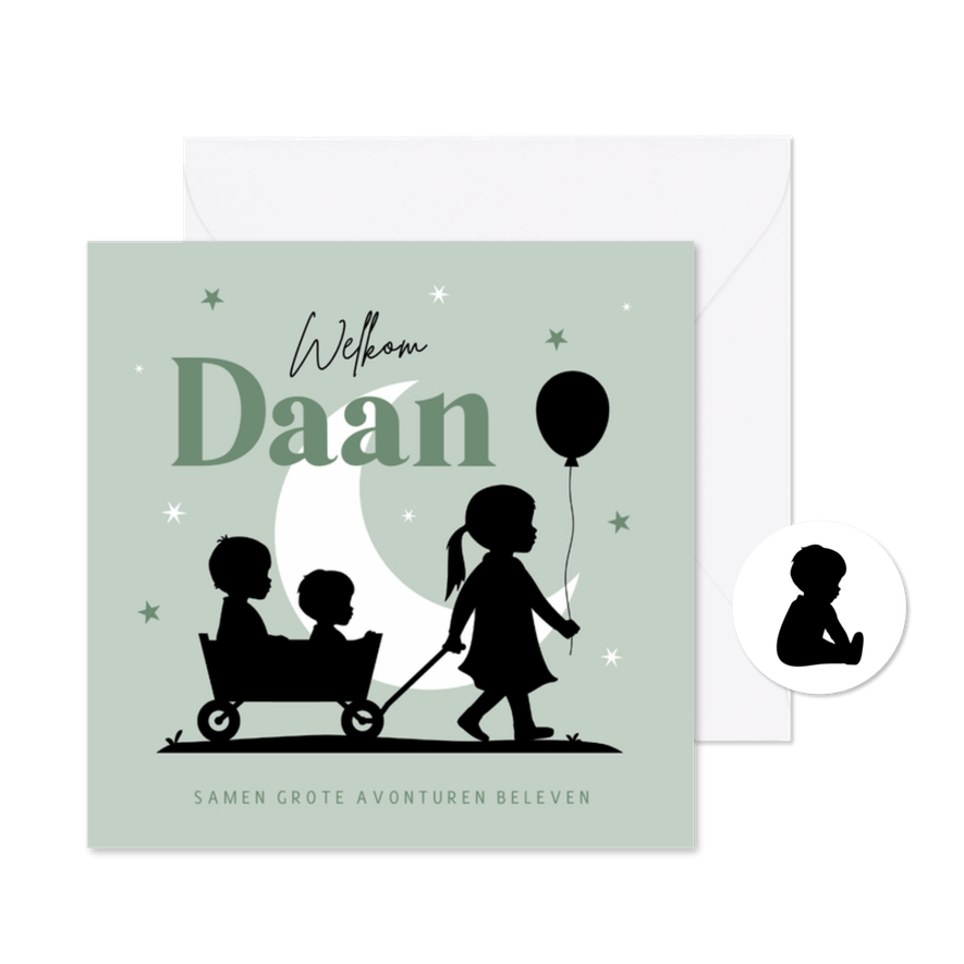 Geboortekaart silhouet jongen broertje derde kind maan mint - Kaartimpressie