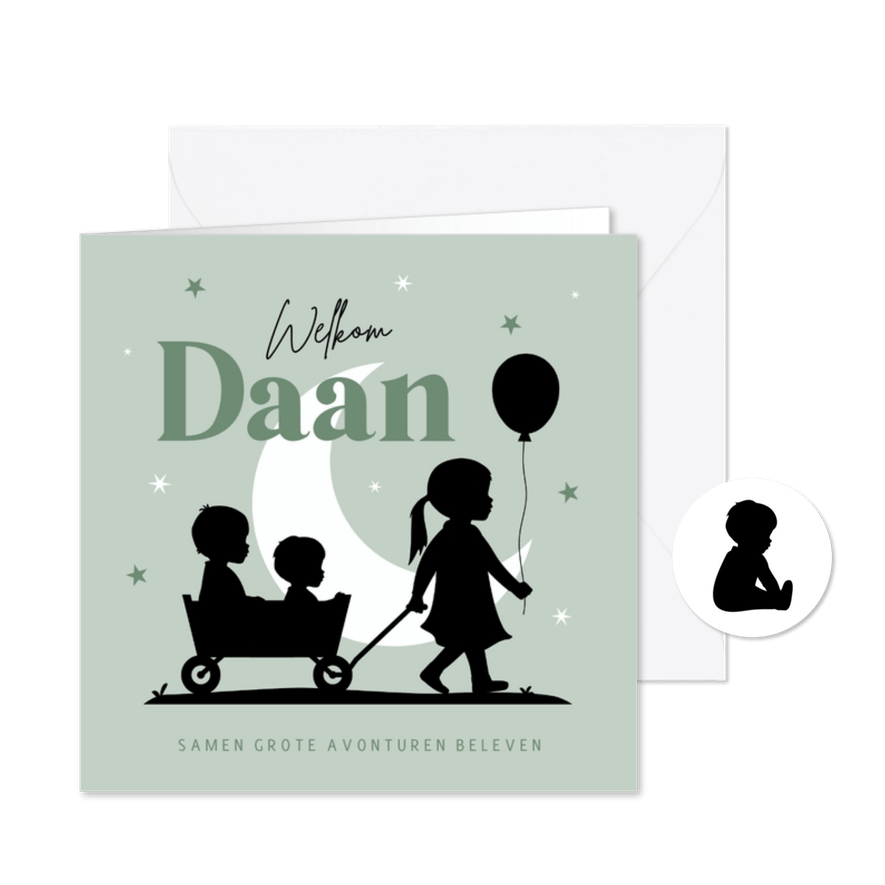 Geboortekaart silhouet jongen broertje derde kind maan mint - Kaartimpressie