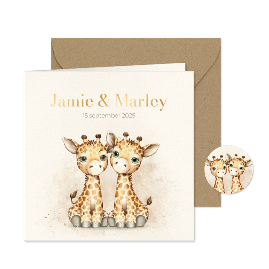 Geboortekaart tweelinggiraf met foto - Kaartimpressie