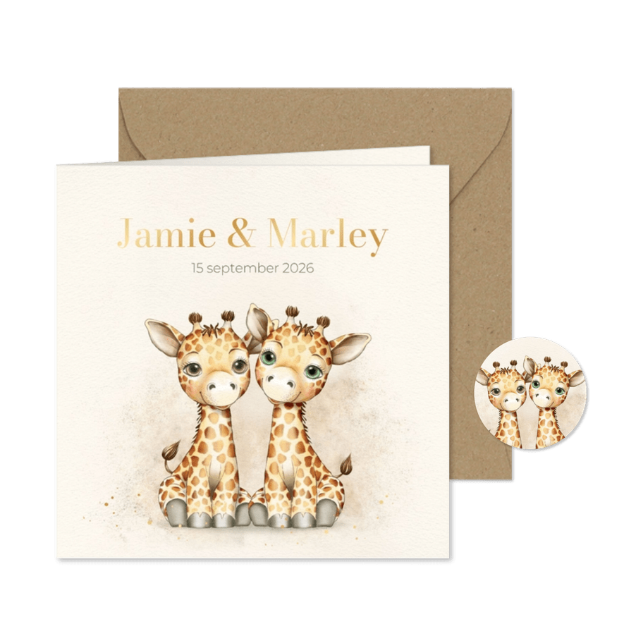Geboortekaart tweelinggiraf met foto - Kaartimpressie