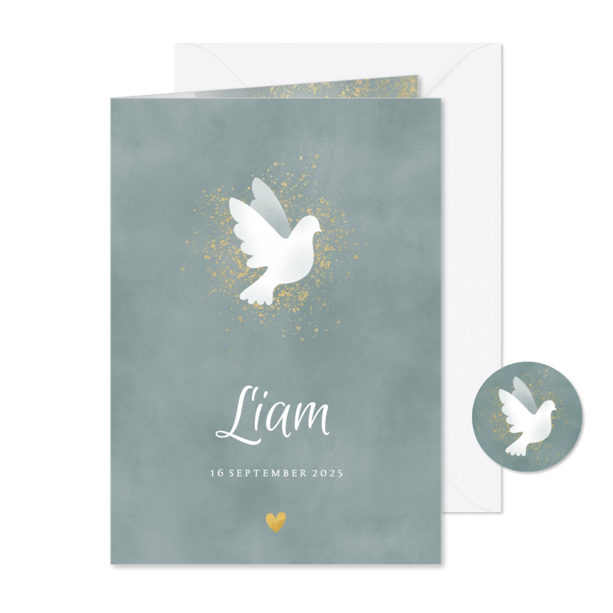 Geboortekaart voor een jongen met duif waterverf en spetters - Kaartimpressie