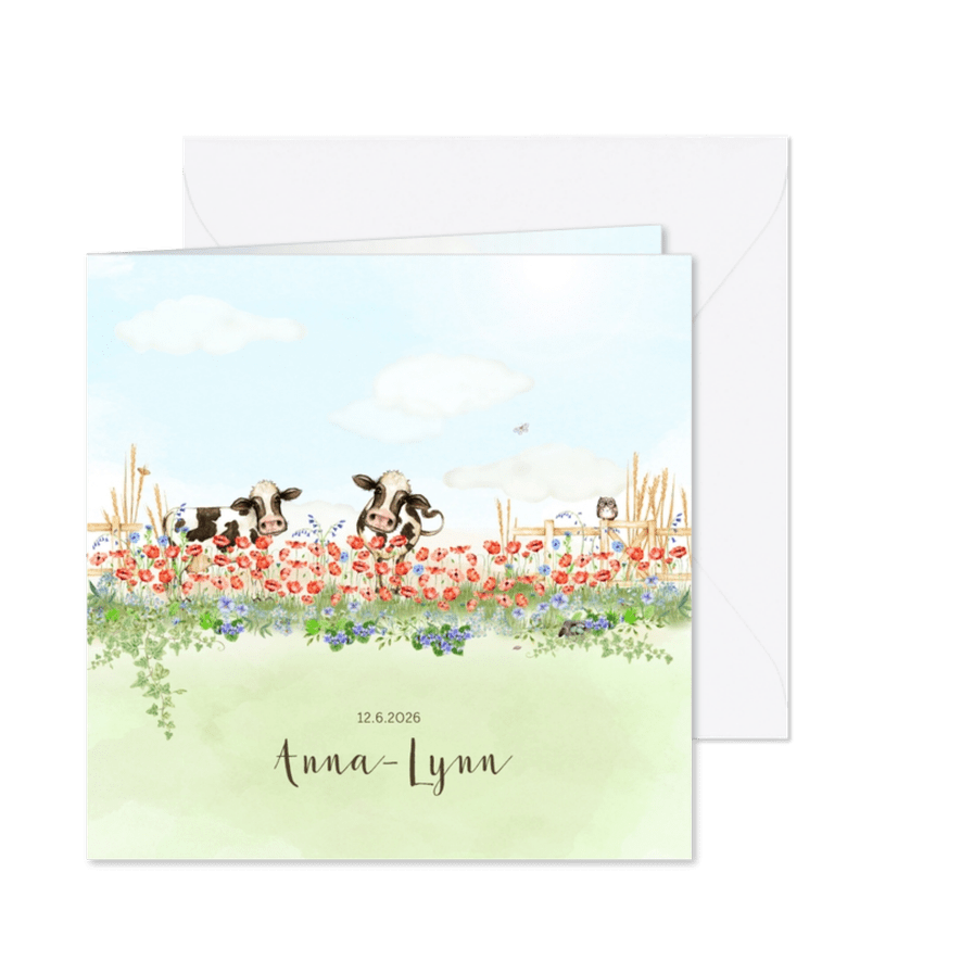 Geboortekaart vrolijke bloemenweide met koeien - Kaartimpressie