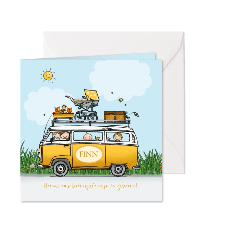 Geboortekaart VW bus geel met broertje - Kaartimpressie