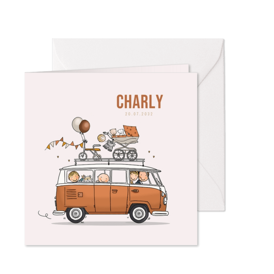 Geboortekaart VW bus oranje met broer en baby  - Kaartimpressie