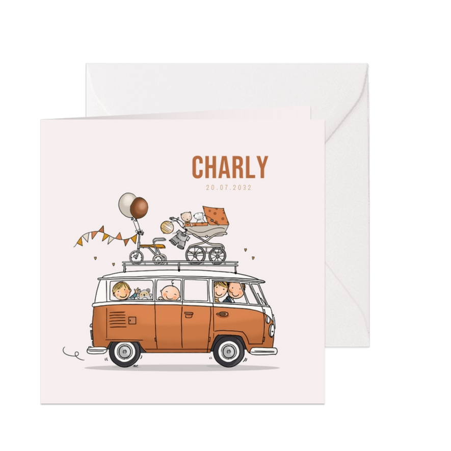 Geboortekaart VW bus oranje met broer en baby  - Kaartimpressie