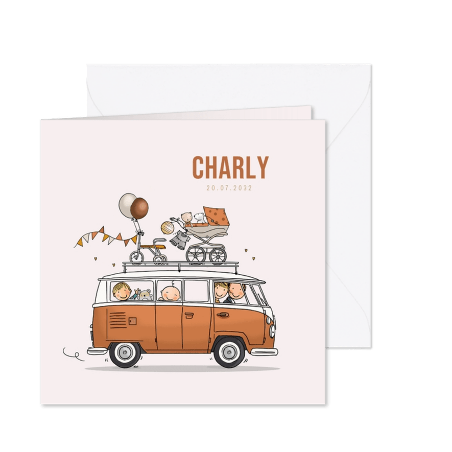 Geboortekaart VW bus oranje met broer en baby - Kaartimpressie