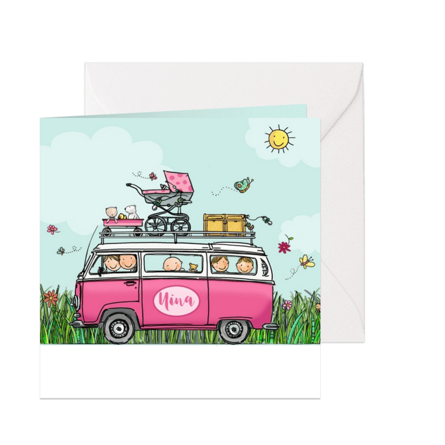 Geboortekaart VW bus roze hart twee broertjes - Kaartimpressie