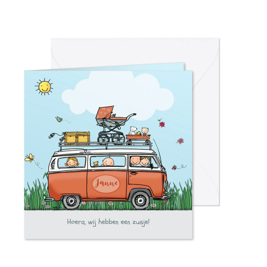 Geboortekaart VW bus roze met zus - Kaartimpressie