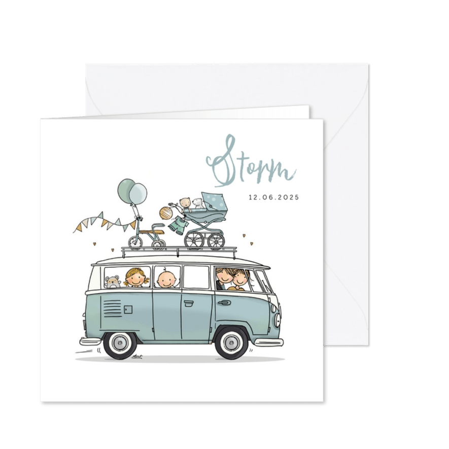 Geboortekaart VW bus T1 blauw zusje - Kaartimpressie