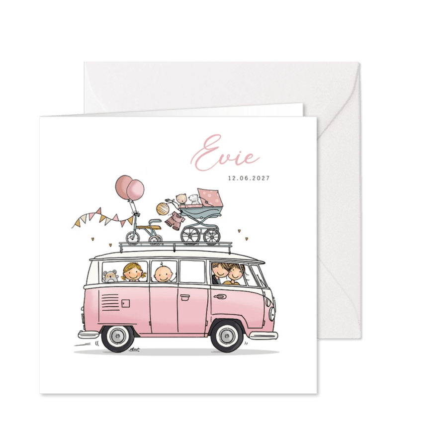 Geboortekaart vw busje roze met zusje - Kaartimpressie