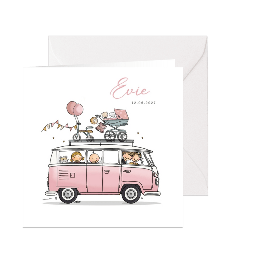 Geboortekaart vw busje roze met zusje - Kaartimpressie