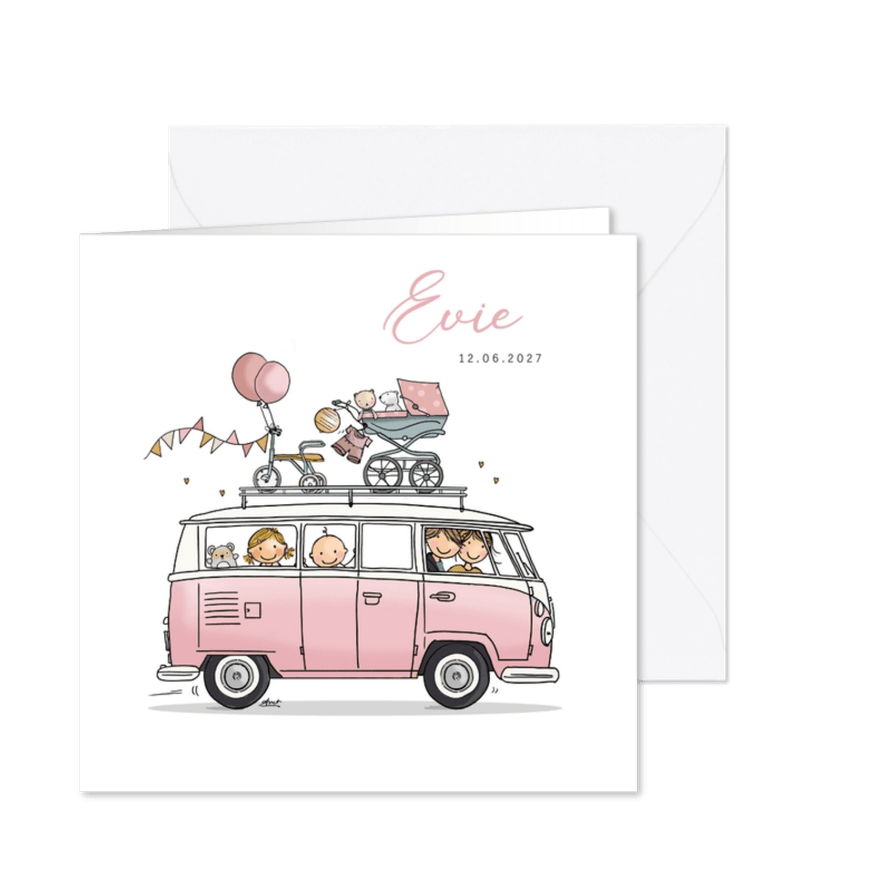 Geboortekaart vw busje roze met zusje - Kaartimpressie