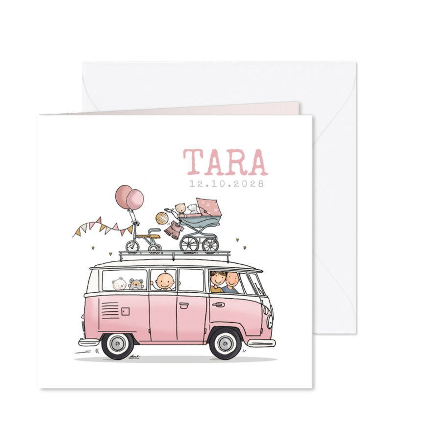 Geboortekaart VWbusje roze av - Kaartimpressie