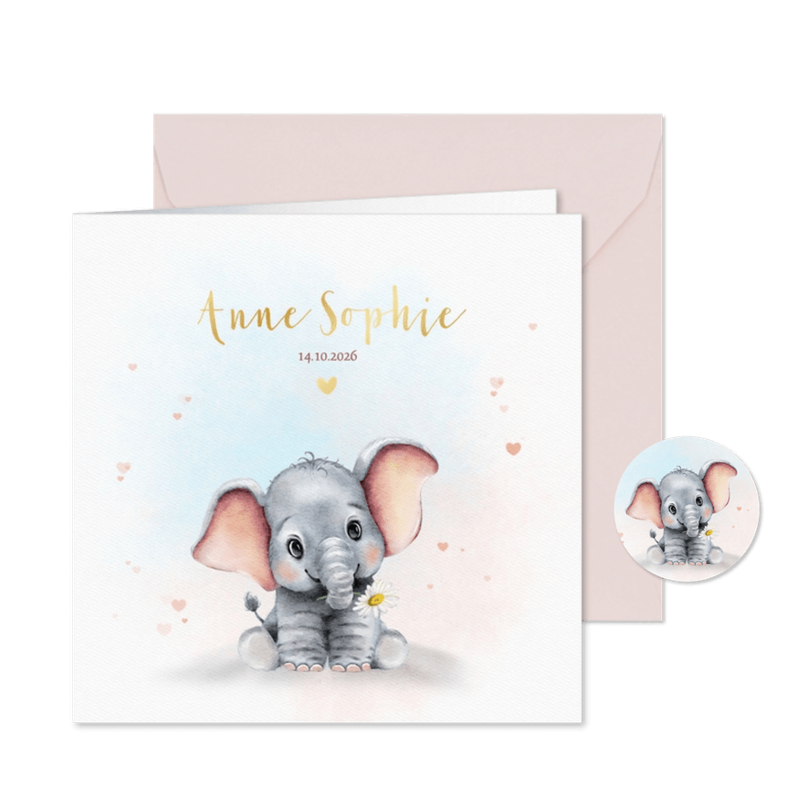 Geboortekaart waterverf olifantje met hartjesconfetti - Kaartimpressie