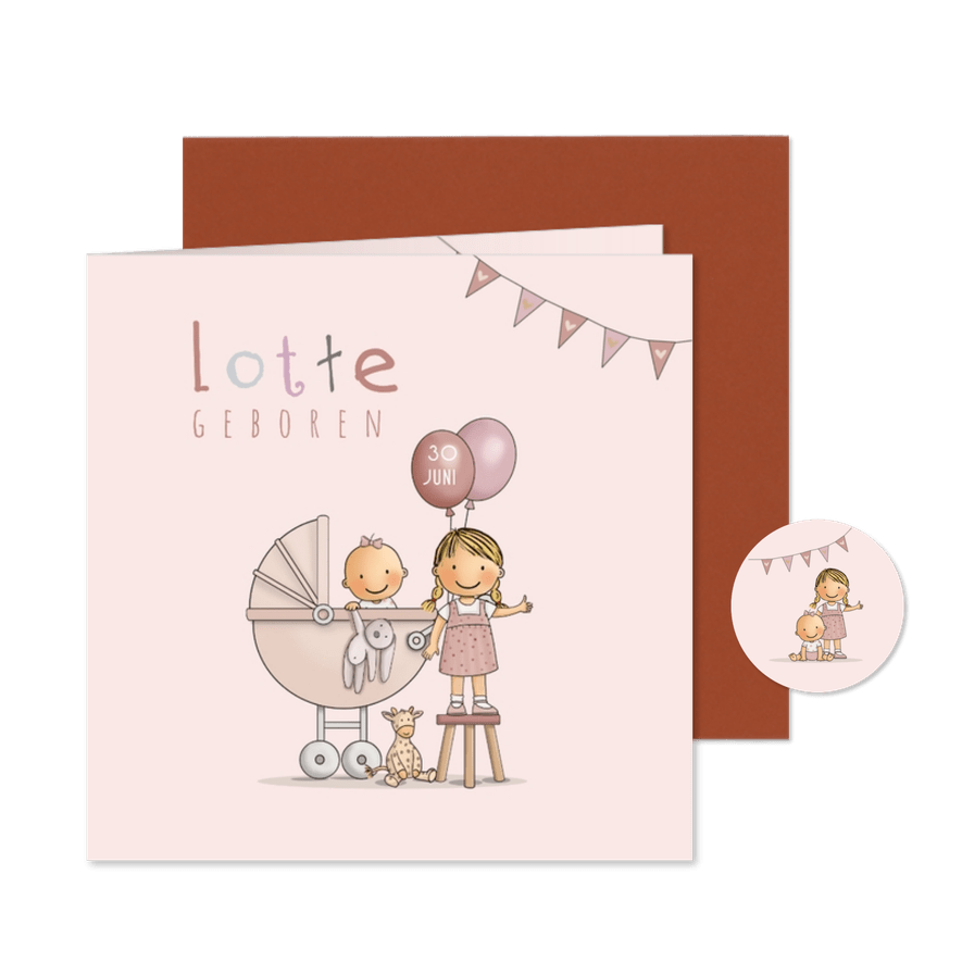 Geboortekaart zusje kinderwagen - Kaartimpressie