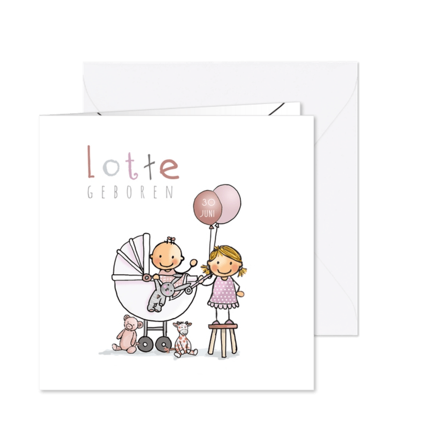 Geboortekaart zusje kinderwagen - Kaartimpressie