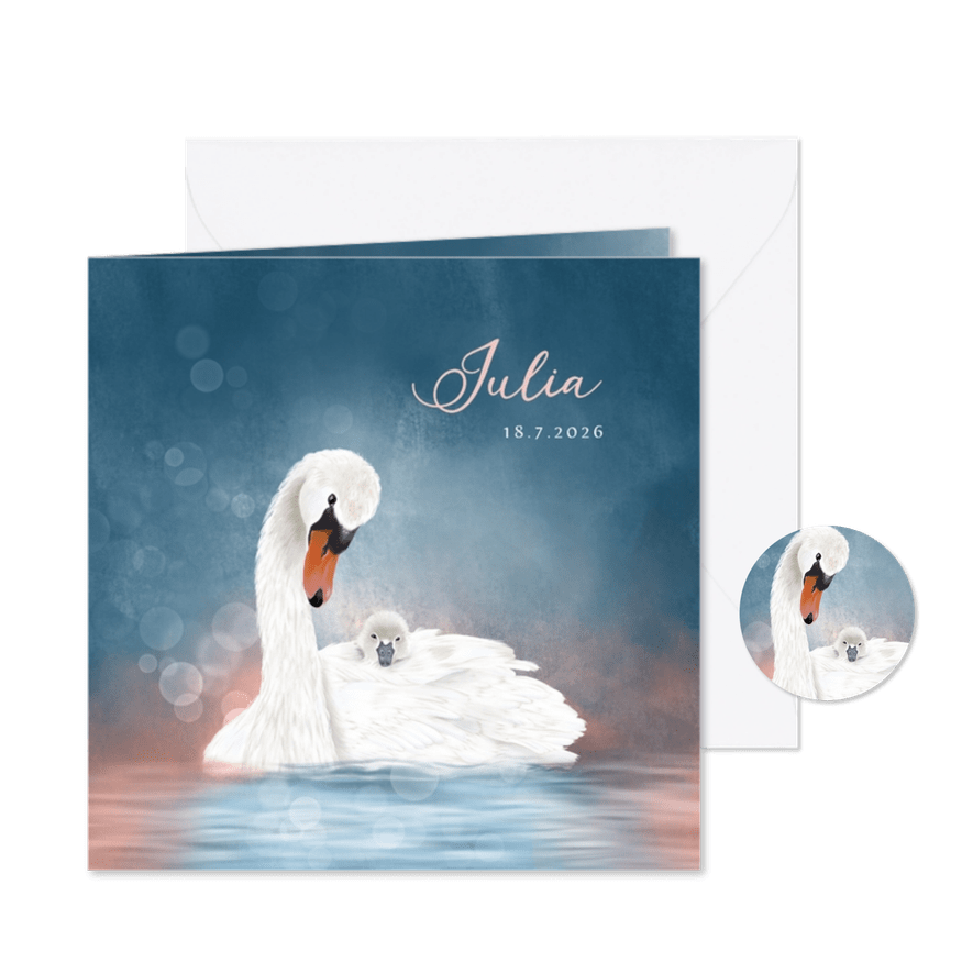 Geboortekaart zwaan met jong zwaantje - Kaartimpressie