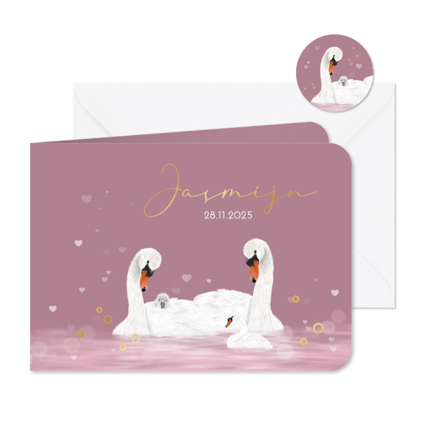 Geboortekaart zwanen groot gezin met roze - Kaartimpressie