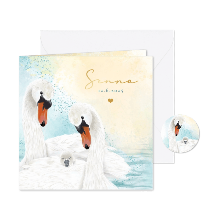 Geboortekaart zwanenpaar met pul - Kaartimpressie