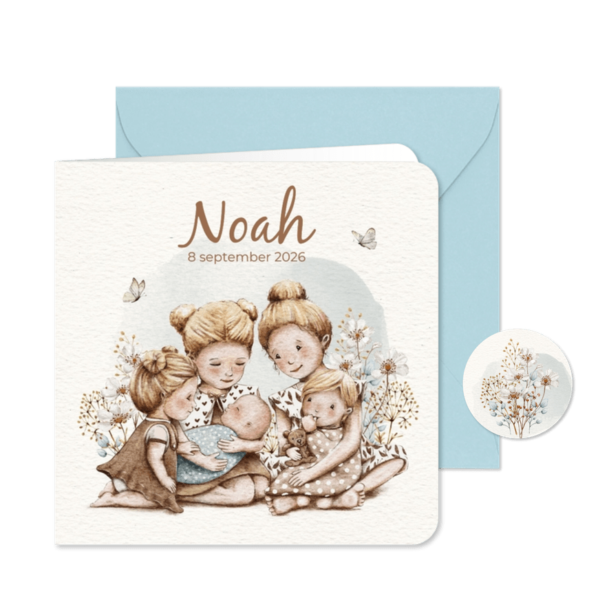 Geboortekaartje 5e broertje met groot gezin in bloemenweide - Kaartimpressie