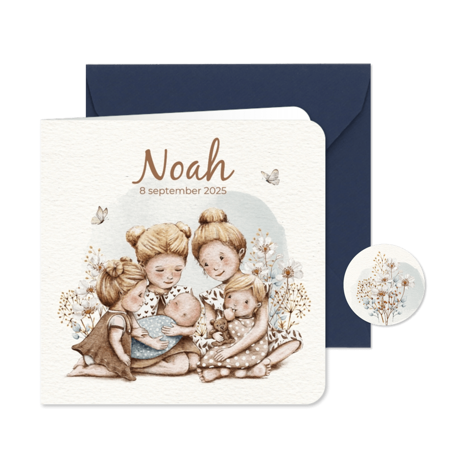 Geboortekaartje 5e broertje met groot gezin in bloemenweide - Kaartimpressie