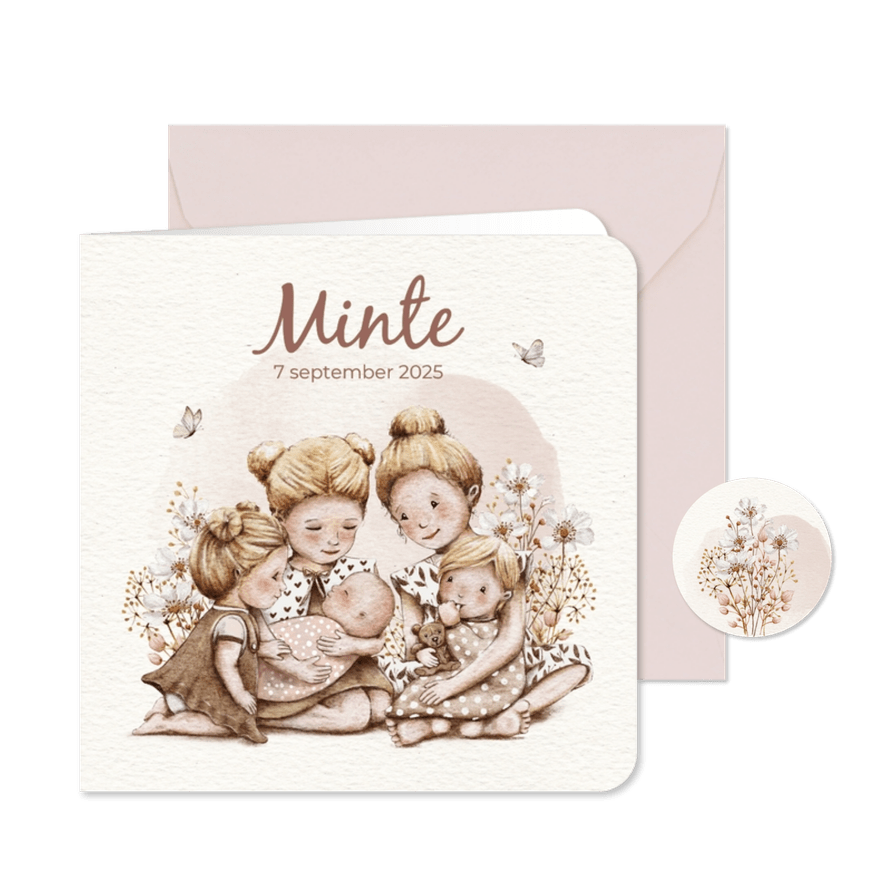 Geboortekaartje 5e zusje met groot gezin in bloemenweide - Kaartimpressie