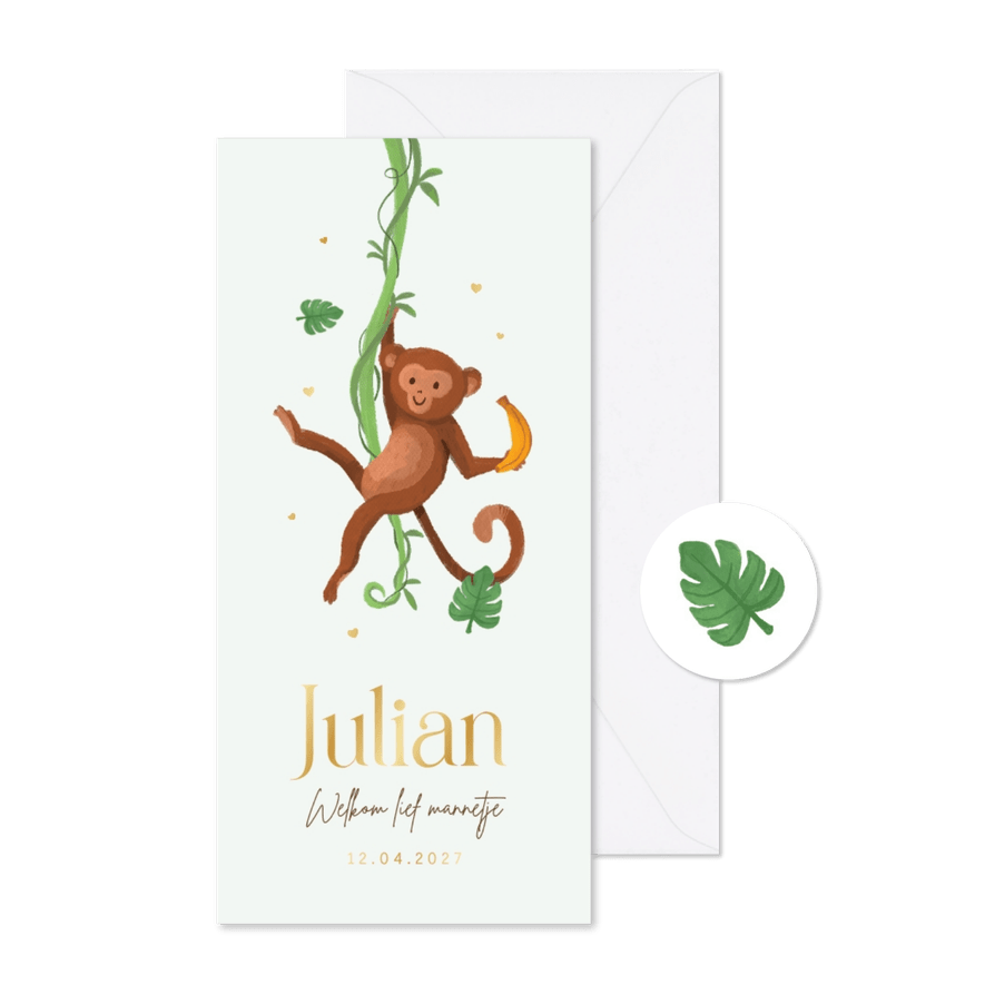Geboortekaartje aap jungle dieren goud hartjes groen - Kaartimpressie