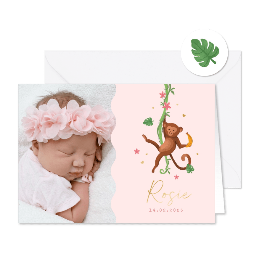 Geboortekaartje aapje jungle meisje bloemen hartjes goud - Kaartimpressie