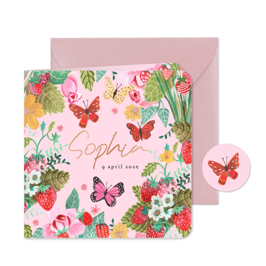 Geboortekaartje aardbeien bloemen vlinder - Kaartimpressie