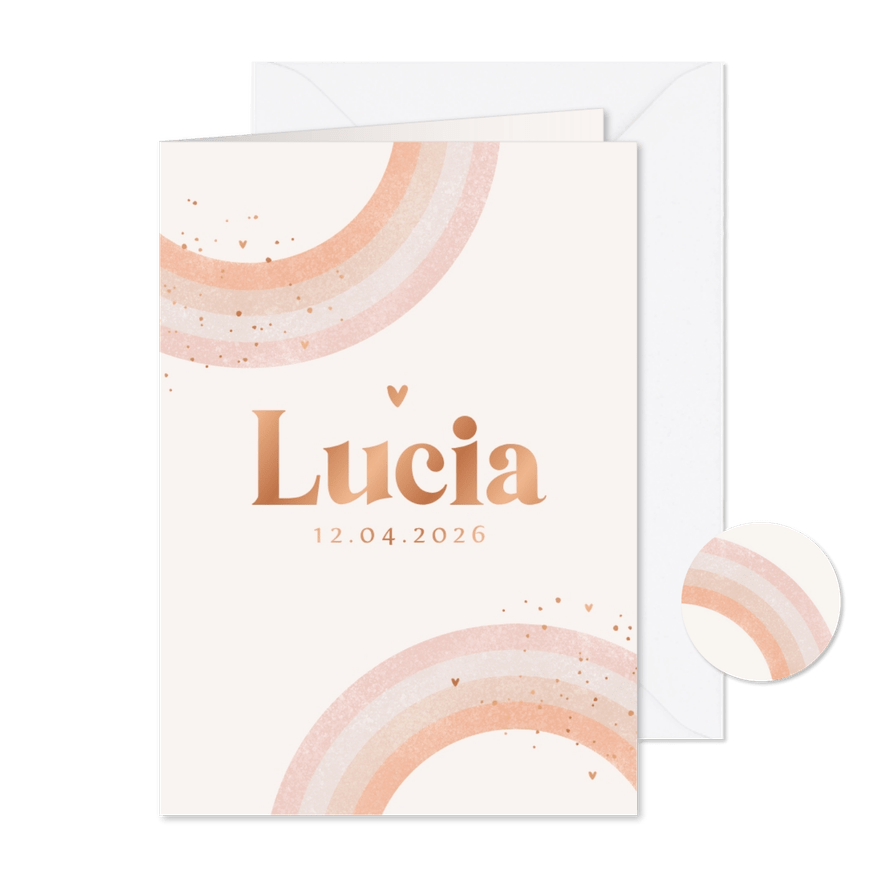 Geboortekaartje abstract regenboog pastel hartjes koper - Kaartimpressie