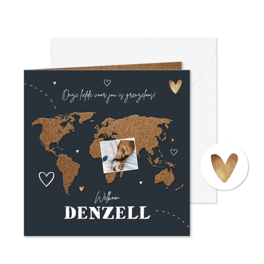 Geboortekaartje adoptie wereldkaart kurk collage hartjes - Kaartimpressie