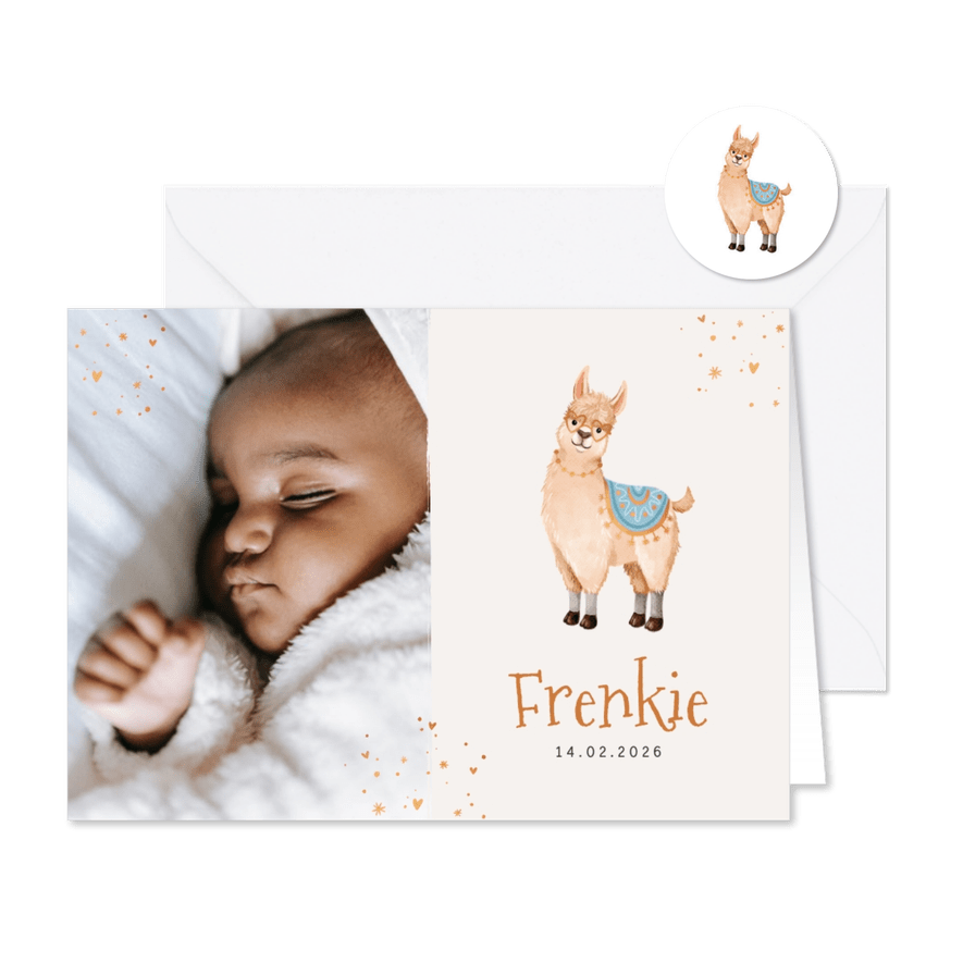 Geboortekaartje alpaca blauw foto hartjes goud waterverf - Kaartimpressie