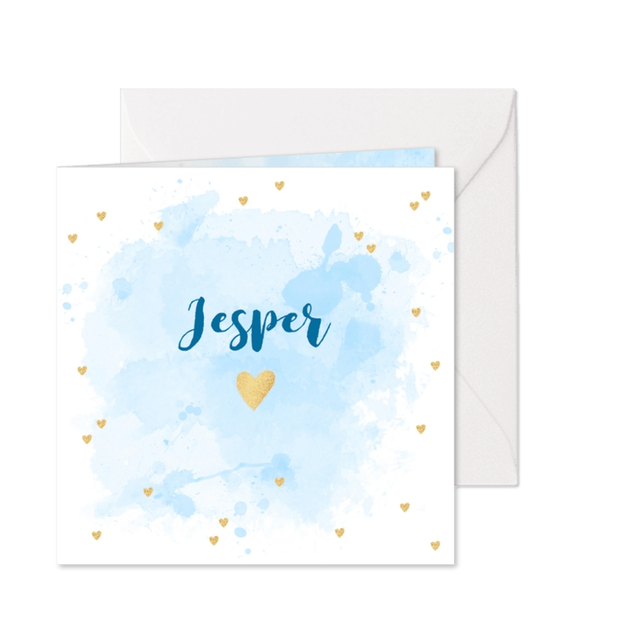 Geboortekaartje aquarel hartjes goud blauw - Kaartimpressie