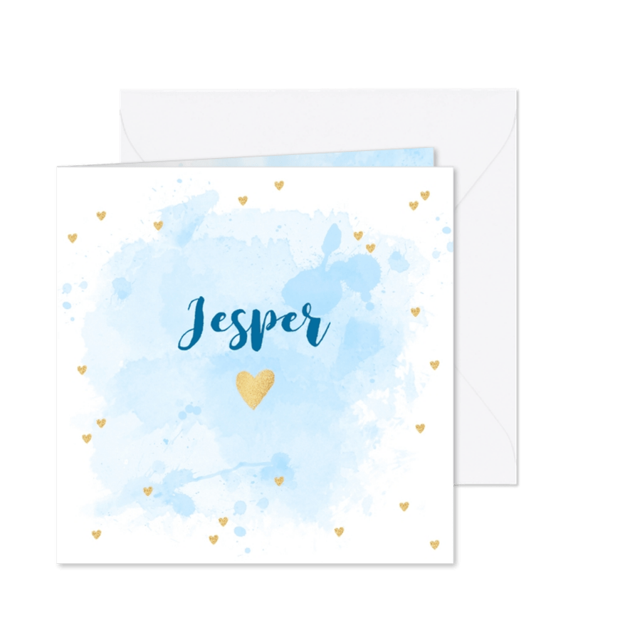 Geboortekaartje aquarel hartjes goud blauw - Kaartimpressie
