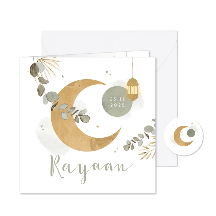 Geboortekaartje Arabisch eucalyptus maan goud sterren - Kaartimpressie