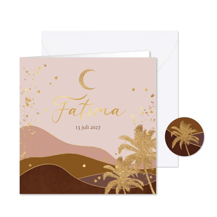 Geboortekaartje arabisch landschap goudfolie palmboom maan - Kaartimpressie