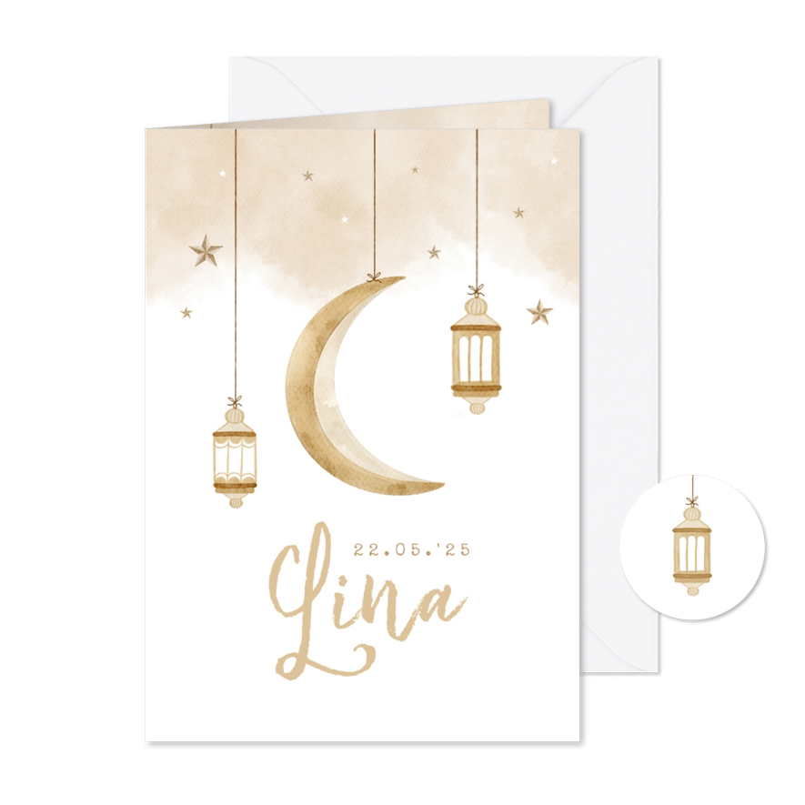 Geboortekaartje Arabisch unisex maan sterren windlicht - Kaartimpressie