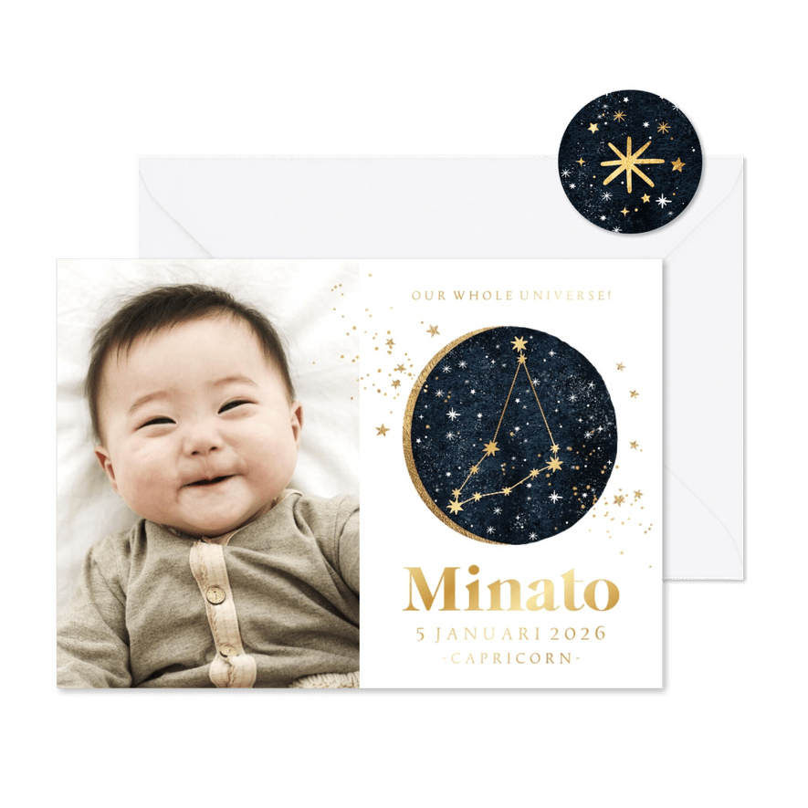 Geboortekaartje astrologie steenbok goudfolie foto sterren - Kaartimpressie