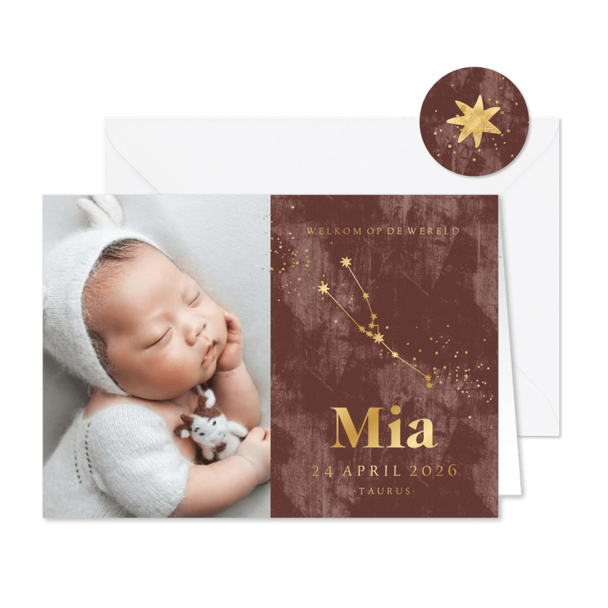 Geboortekaartje astrologie stier sterrenbeeld foto goud - Kaartimpressie
