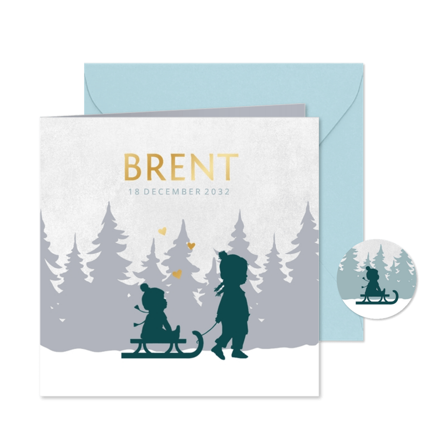 Geboortekaartje baby broertje slee met zus - Kaartimpressie