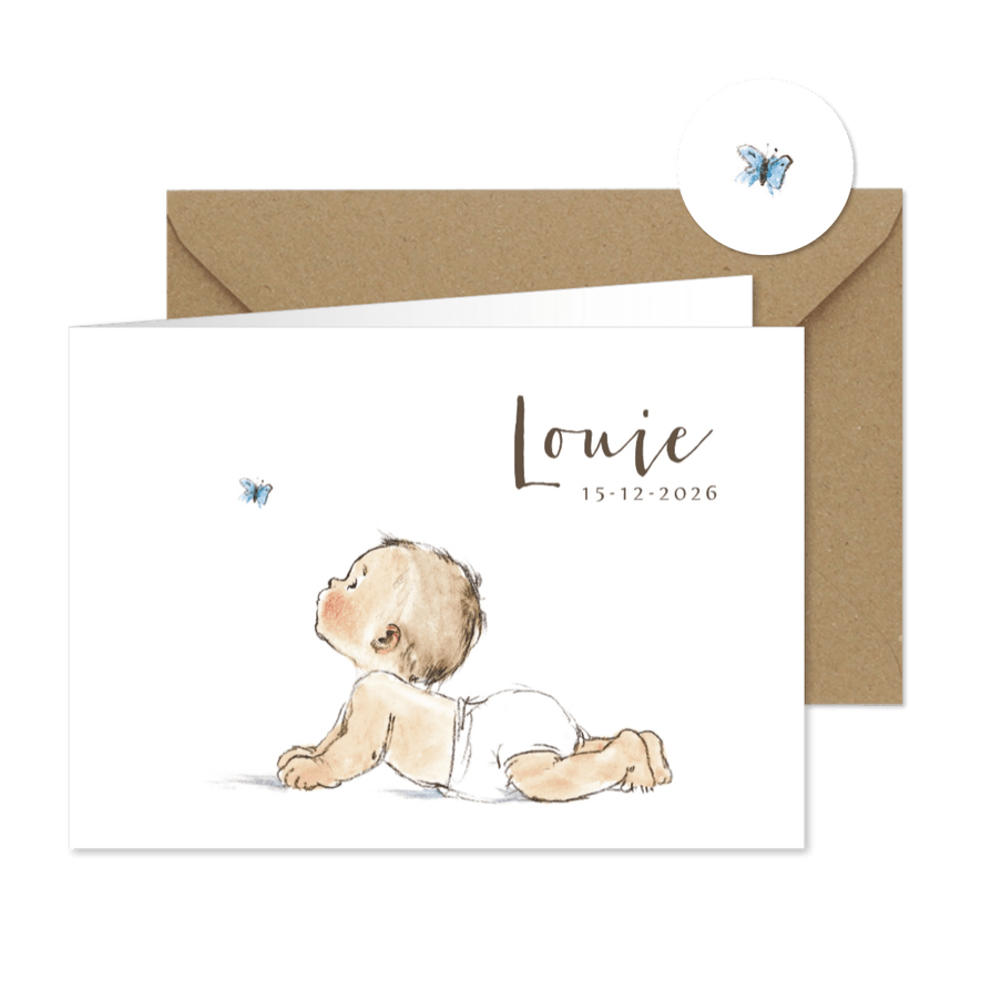 Geboortekaartje baby kijkend naar een blauwe vlinder - Kaartimpressie