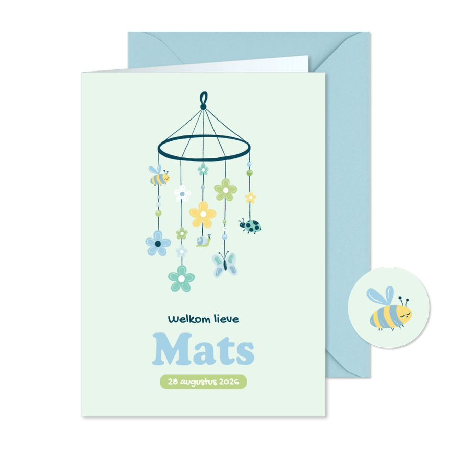 Geboortekaartje babymobiel met bloemen vlinder en bijtje - Kaartimpressie