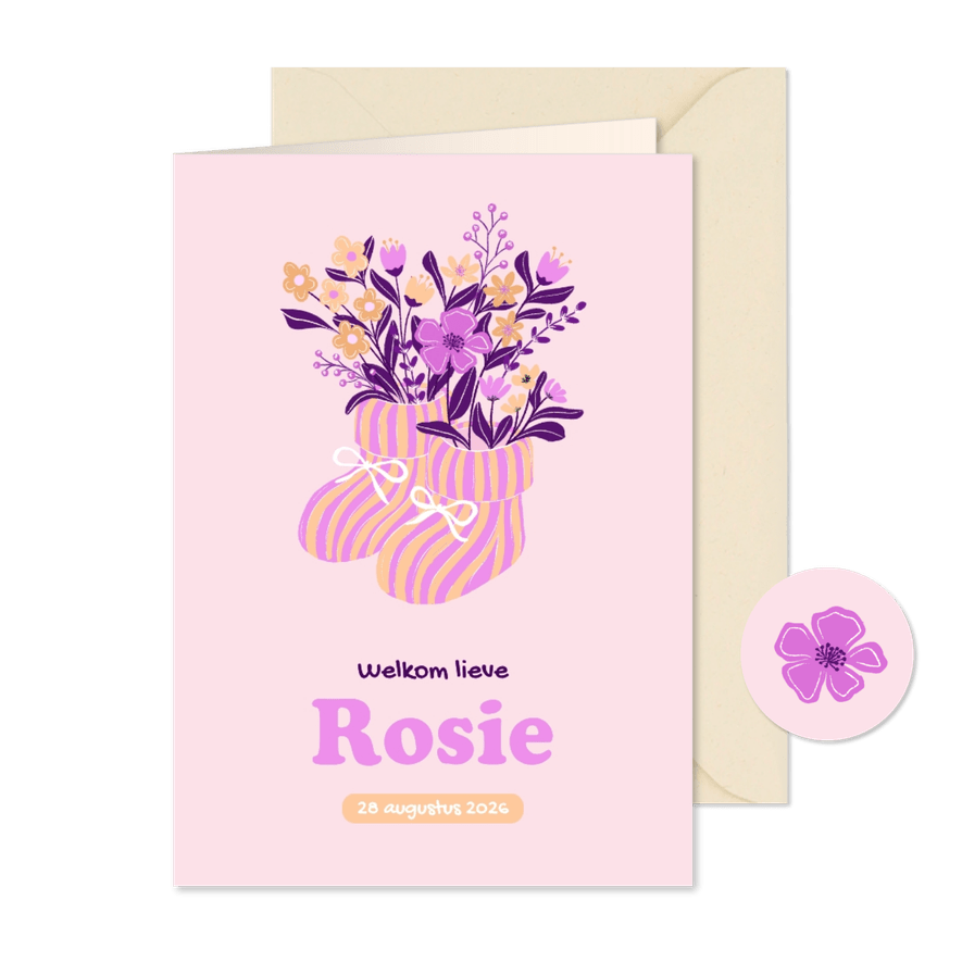 Geboortekaartje babyslofjes met roze en gele bloemen - Kaartimpressie
