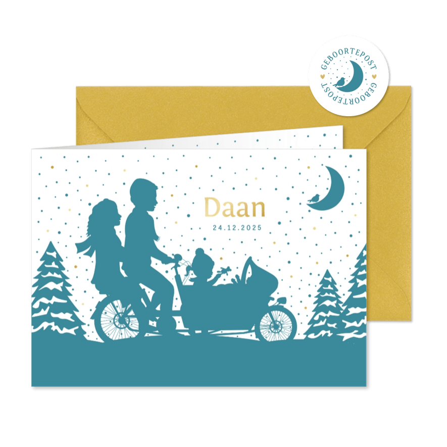 Geboortekaartje bakfiets met zus en broertje in de winter - Kaartimpressie